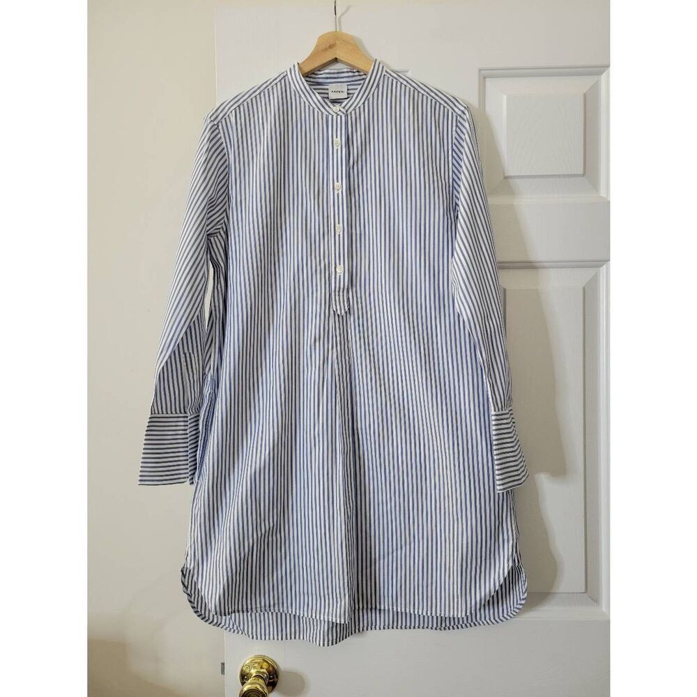 Aspesi Navy and White Striped Button-Front Mini Shirt Dress